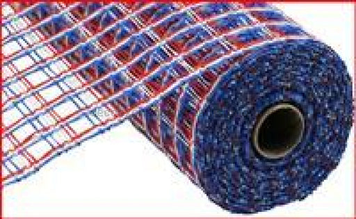 10"X10YD POLY BURLAP CHECK MESH Red/White/Blue Ribbon RP8130E7 - DecoExchange