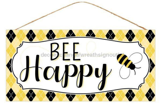 12.5"L X 6"H Bee Happy/Argyle Sign Yellow/Black/White AP8492 - DecoExchange