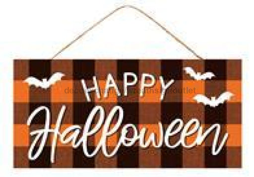 12.5"L X 6"H Happy Halloween Check Sign Black/White/Orange AP711920 - DecoExchange