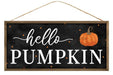 12.5"L X 6"H HELLO PUMPKIN W/WOOD FRAME BLACK/TAN/WHITE/ORANGE AP7008 - DecoExchange