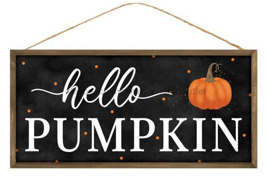 12.5"L X 6"H HELLO PUMPKIN W/WOOD FRAME BLACK/TAN/WHITE/ORANGE AP7008 - DecoExchange