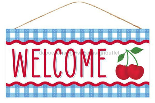 12.5"L X 6"H Welcome/Cherry Sign Blue/White/Red AP8740 - DecoExchange