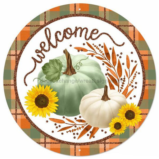 12Dia Metal/glitter Welcome W/pumpkins Sage/orange/yellow/brown Md096743 Sign