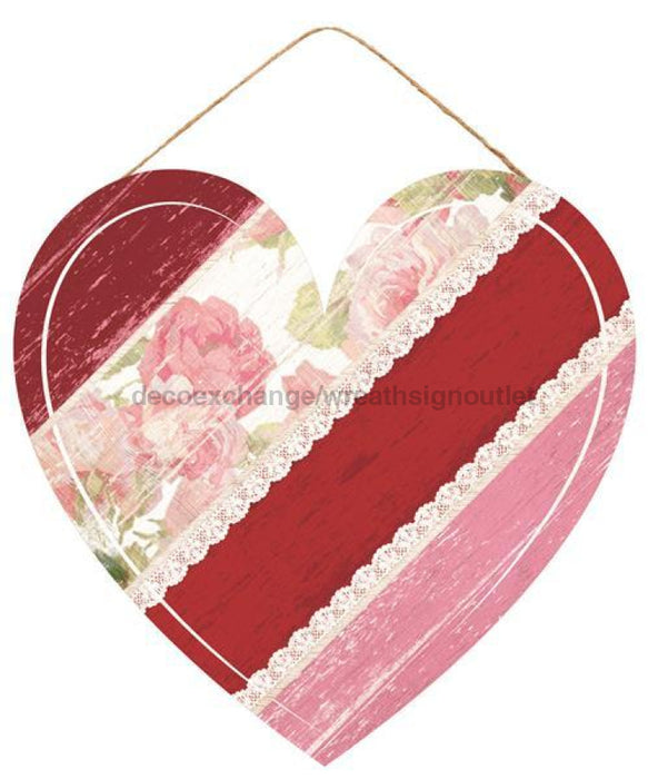 12"Lx11.5"H Diagonal Stripe Floral Heart Red/Pink/White/Green AP8589 - DecoExchange