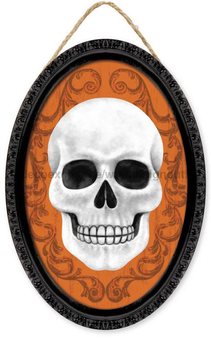 13’’Hx9’’L Framed Skull Oval Sign Black/White/Orange AP729720 Sign