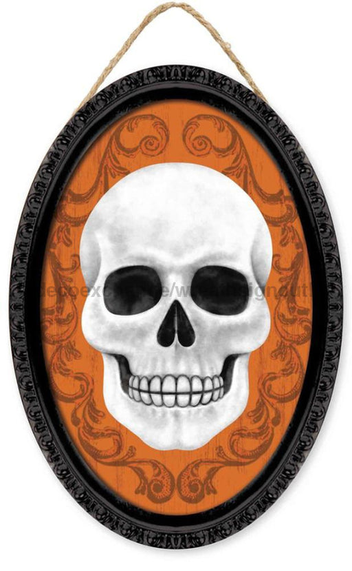 13’’Hx9’’L Framed Skull Oval Sign Black/White/Orange AP729720 Sign