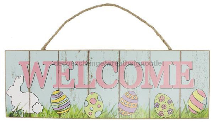 15"L X 5"H Welcome W/Bunny Sign Turquoise/Pink/Green AP8042 - DecoExchange