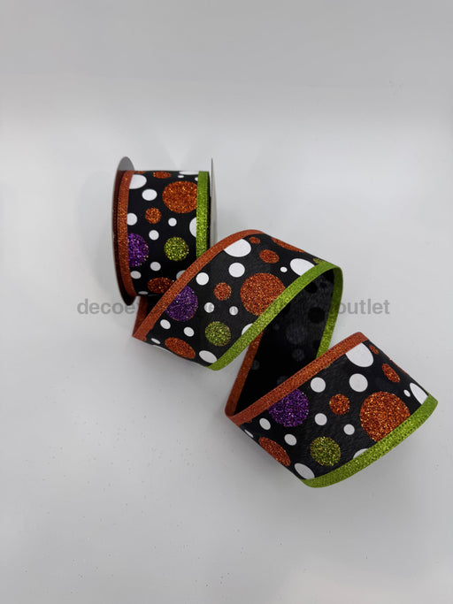 2.5”X 10Yds Poplin Glitter Polka Dots Orange Lime Glitter Edge Black 15-8002 Ribbon