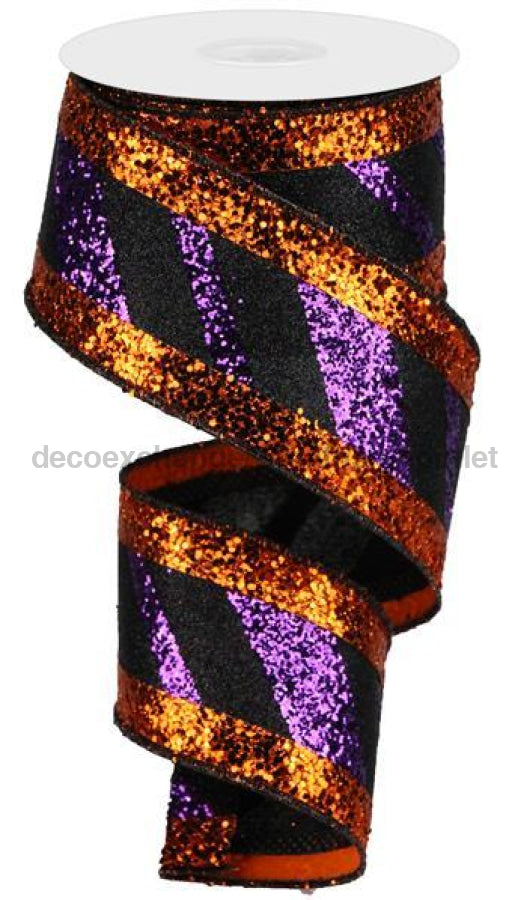 2.5X10Yd 3-In-1 Diagonal Glitter Stripe Purple/Black/Orange Rg8952Ge Ribbon