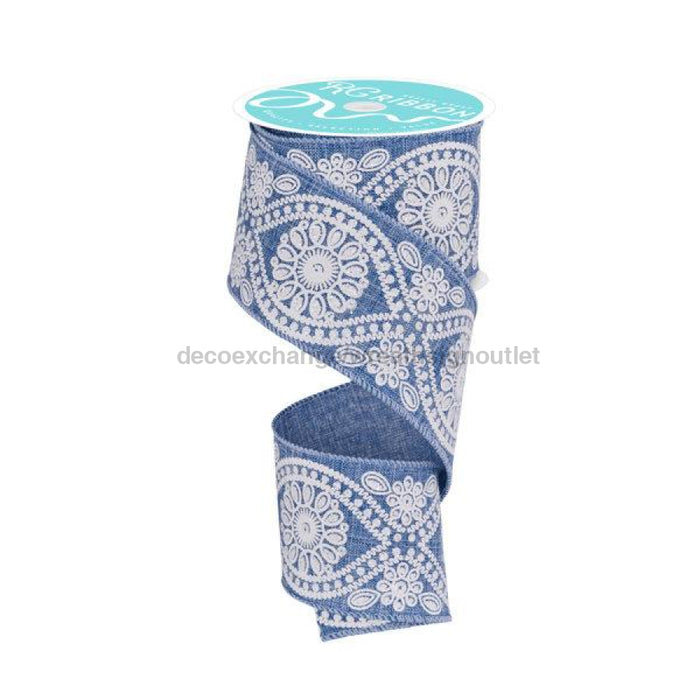 2.5X10Yd Deluxe Wavy Floral/Royal Denim/White Rgf129765 Ribbon