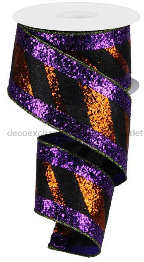2.5X10Yd 3-In-1 Diagonal Glitter Stripe Black/Orange/Purple Rg8952Yr Ribbon
