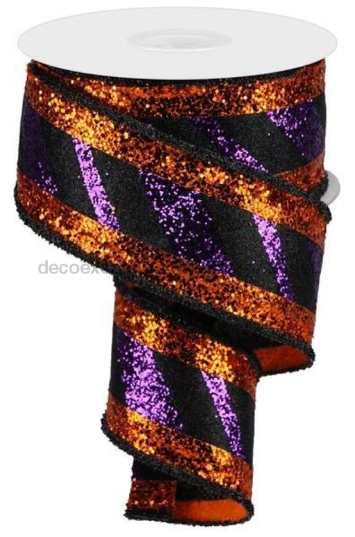 2.5"X10Yd 3-In-1 Diagonal Glitter Stripe Purple/Black/Orange RG8966GE - DecoExchange®