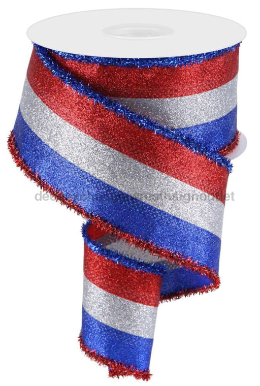 2.5’’X10Yd 3-In-1 Shimmer Glitter/Tinsel Royal Blue/Silver/Red RGA81447T Ribbon