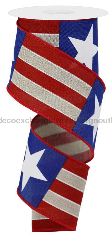 2.5’’X10Yd Bold Star Stripes/Royal Lt Nat/Red/White/Blue RGE1639KH Ribbon