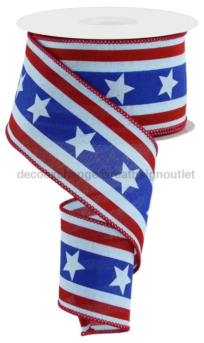 2.5’’X10Yd Bold Stars On Royal Burlap Pale Blue/Royal Blue/Red RGE105414 Ribbon