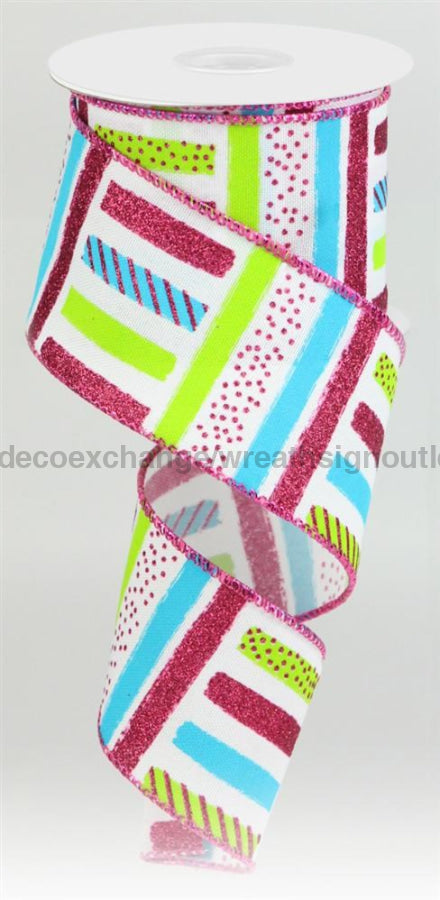 2.5’X10Yd Brush Stroke Stripes/Faux Ryl White/Hot Pink/Trq/Lime Rgc13121W Ribbon