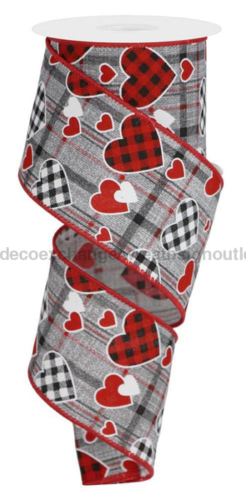 2.5’’X10Yd Check Heart/Mini Heart/Plaid Grey/Black/Red/White RGE107710 Ribbon