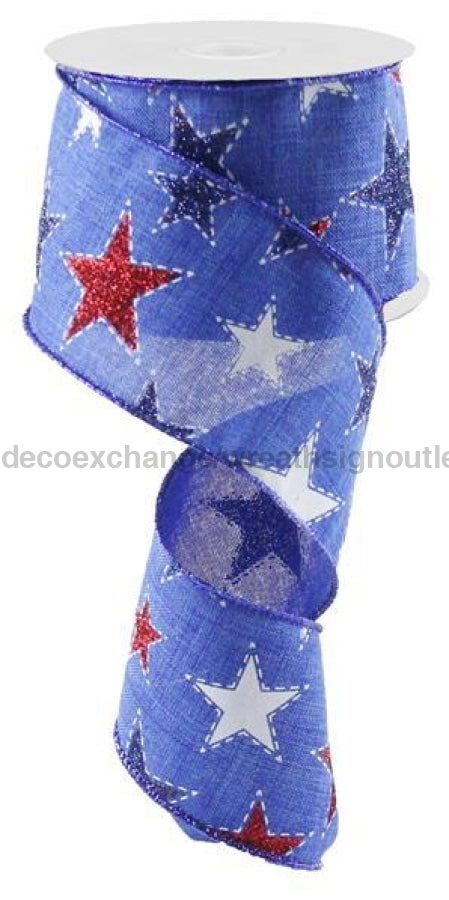 2.5"X10Yd Dashed Glitter Star On Royal Royal Blue/Red/White/Navy RG0165825 - DecoExchange