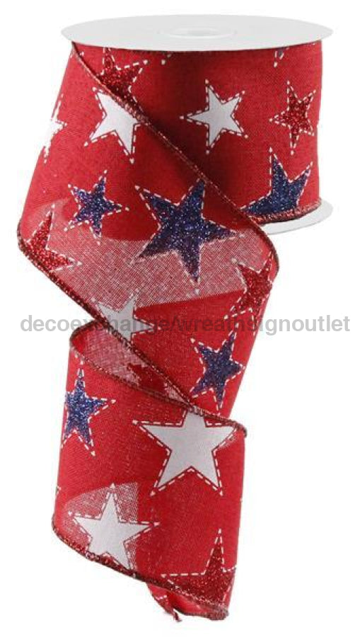 2.5"X10Yd Dashed Glitter Star On Royal Red/White/Navy RG0165824 - DecoExchange