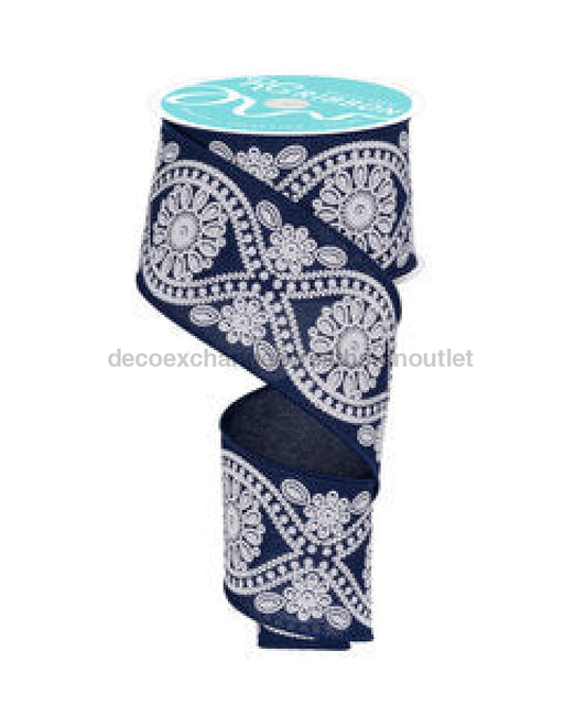 2.5’X10Yd Deluxe Wavy Floral/Faux Ryl Navy Blue/White Rgf129819 Ribbon