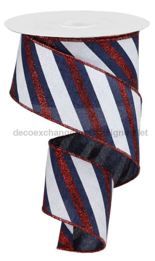 2.5’’X10Yd Diagonal Glitter Stripe Navy Blue/Red/White RGA107619 Ribbon