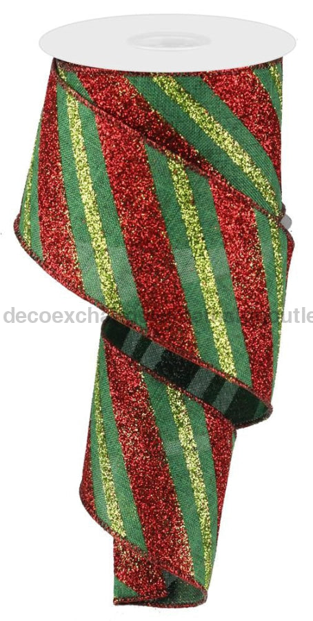 2.5’X10Yd Diagonal Glitter Stripe/Royal Emerald/Red/Lime Rg0176606 Ribbon