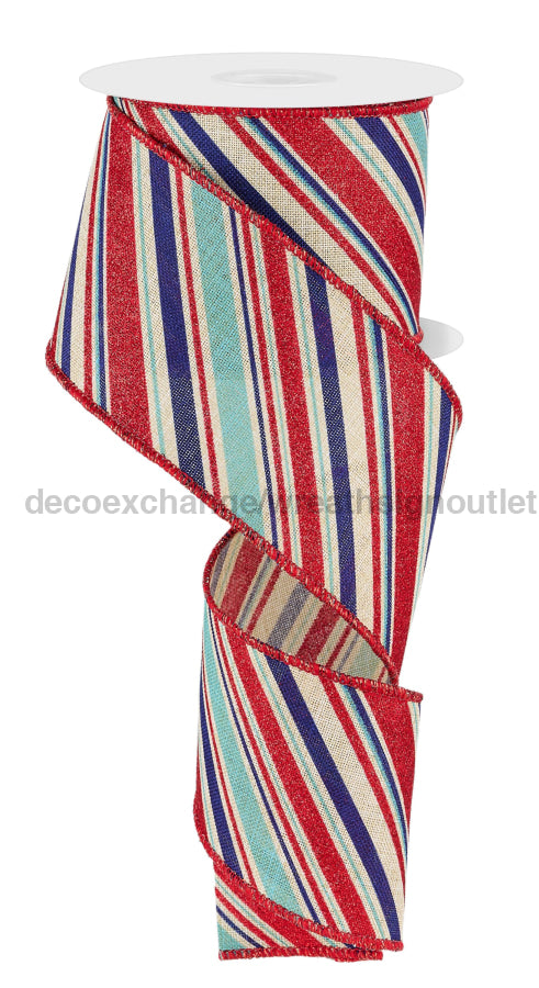 2.5’’X10Yd Diagonal Stripe Lt Nat/Lt Blue/Royal/Red RGE182518 Ribbon