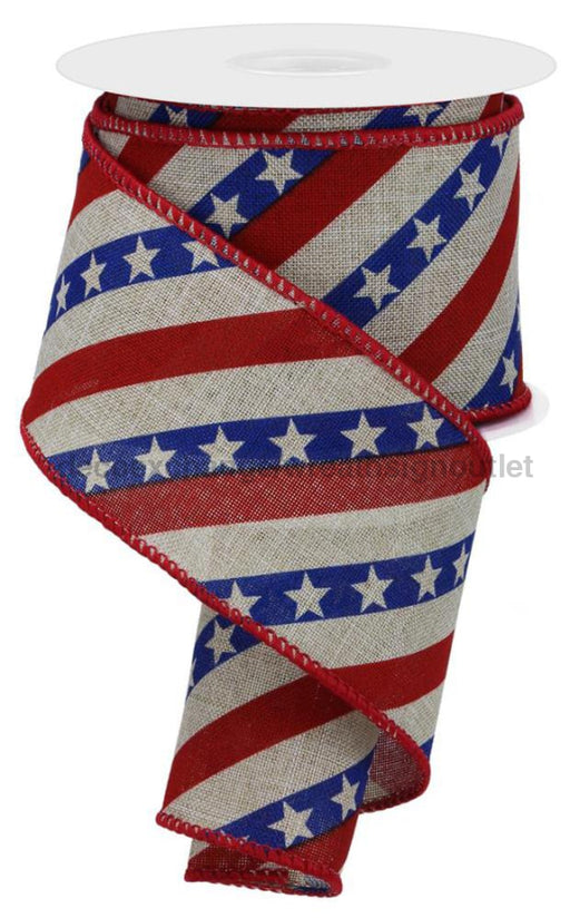 2.5’’X10Yd Diagonal Stripes W/Stars Lt Natural/Royal Blue/Red RGE105718 Ribbon