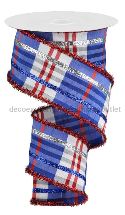 2.5’’X10Yd Dupioni Plaid/Gltr Strp/Tinsel Royal Blue/Red/Wht/Silver RGP10027J ribbon