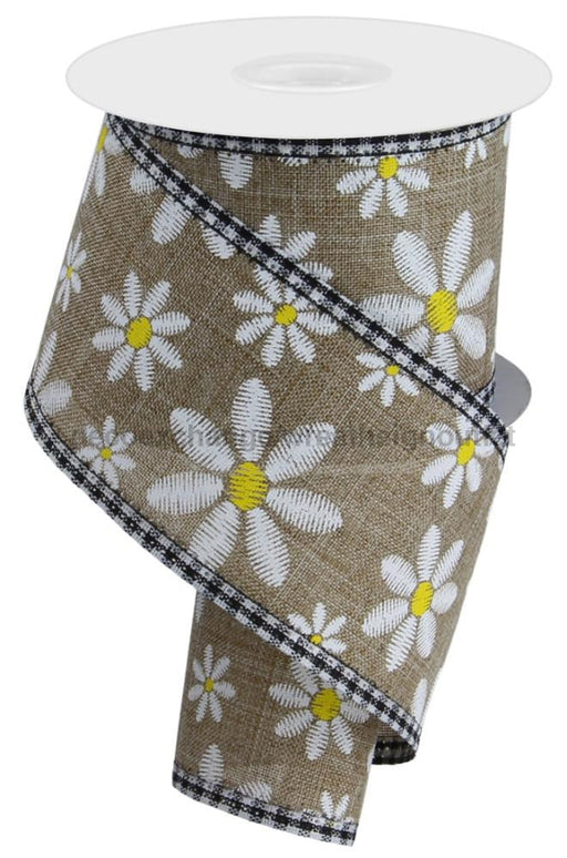 2.5’X10Yd Faux Embroidery Daisy/Check Lt Beige/White/Yellow Rga861501 Ribbon