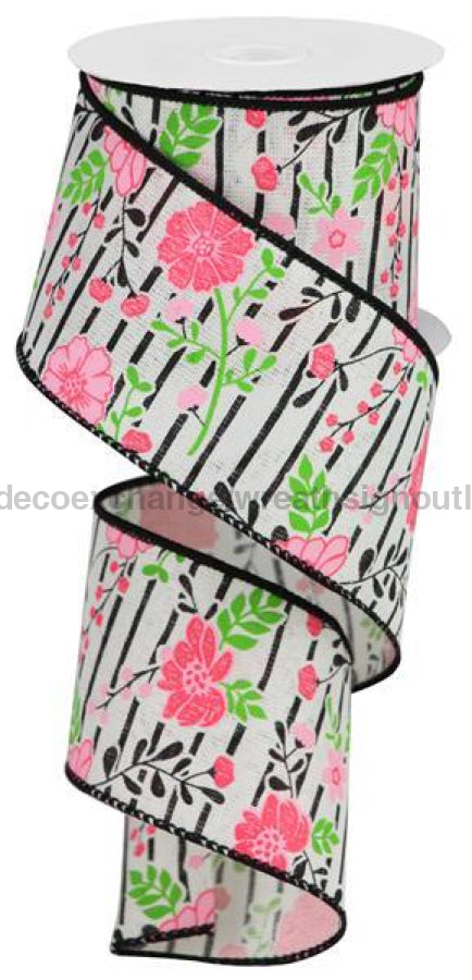 2.5"X10Yd Floral Lines On Royal Ivory/Multi Pink RGA17561W - DecoExchange®