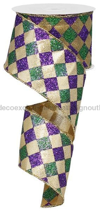 2.5"X10Yd Glitter Diamond Check Mardi Gras RG1930WY - DecoExchange