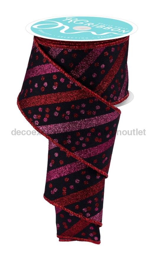 2.5’’X10Yd Glitter Stripe W/Confetti Dots Blk/Red/Lt Pink/Hot Pink RGF1993CM ribbon