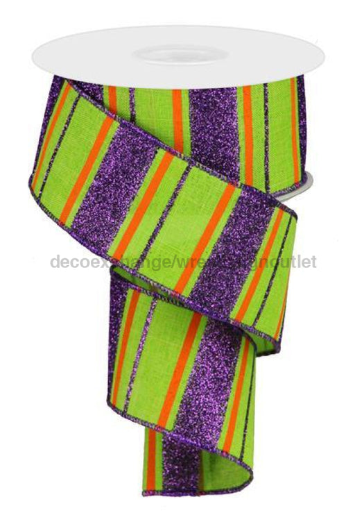 2.5X10Yd Glitter Stripes On Royal Lime/Dk Purple/Orange Rga1199A1 Ribbon