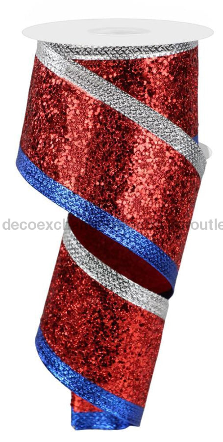 2.5’’X10Yd Large Glitter/Metallic Red/Silver/Blue RGA88137T Ribbon