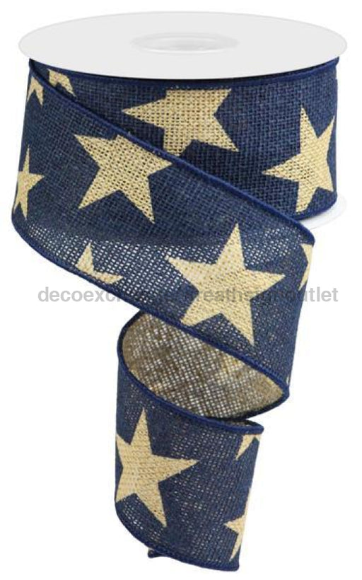 2.5"X10Yd Large Stars On Faux Burlap Beige/Navy RGC1334K6 - DecoExchange