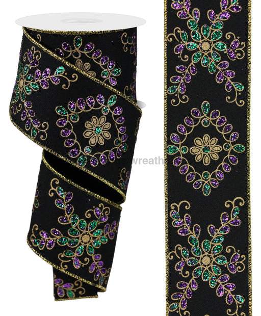 2.5’’X10Yd Ornate Loop Diamond Black/Mardi Gras RGE192402 Ribbon