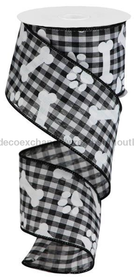 2.5"X10Yd Pawprints/Bones Gingham Check Black/White RGA1894X6 - DecoExchange