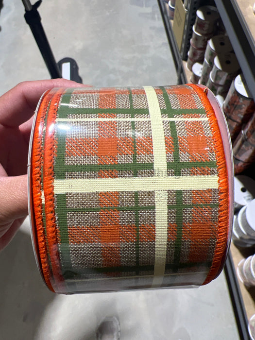 2.5’’X10Yd Printed Plaid/Royal Light Beige/Orange/Moss/Cream RGC154101 Ribbon