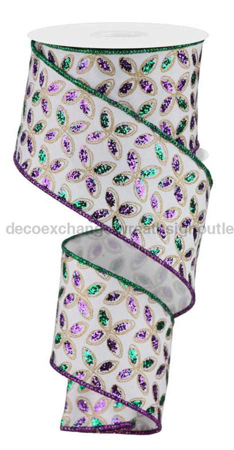 2.5’’X10Yd Quatrefoil Petals White/Mardi Gras RGE192627 Ribbon