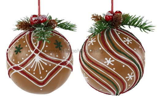 2 Asst 100Mm Gingerbread Ball Ornament Brown/Red/Green/White XJ4444 Attachment