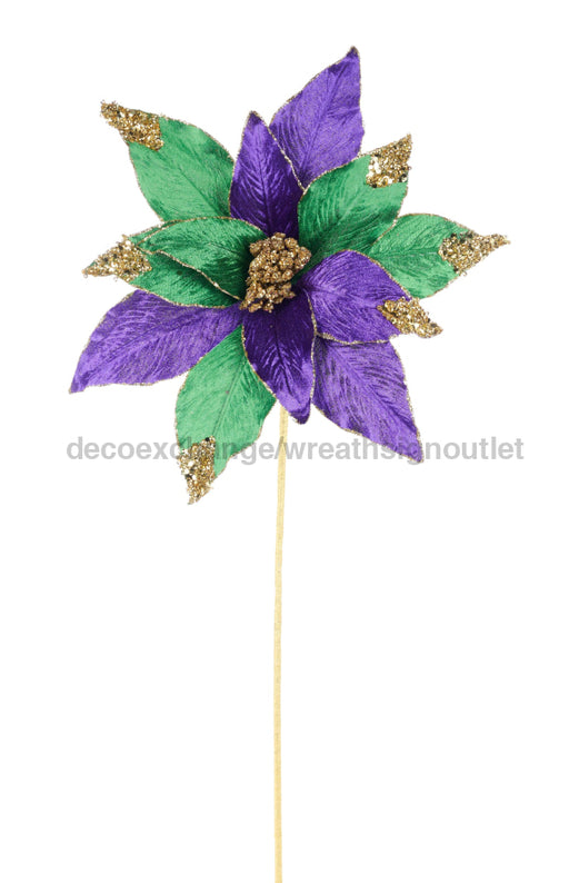 20’’L Velvet/Glitter Poinsettia Stem Mardi Gras Hg3305 Pick