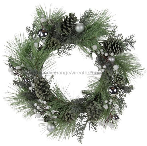 21.5"Dia Glitter Pine/Cedar/Cone Wreath Multi Green/Silver/White XX8366 - DecoExchange®