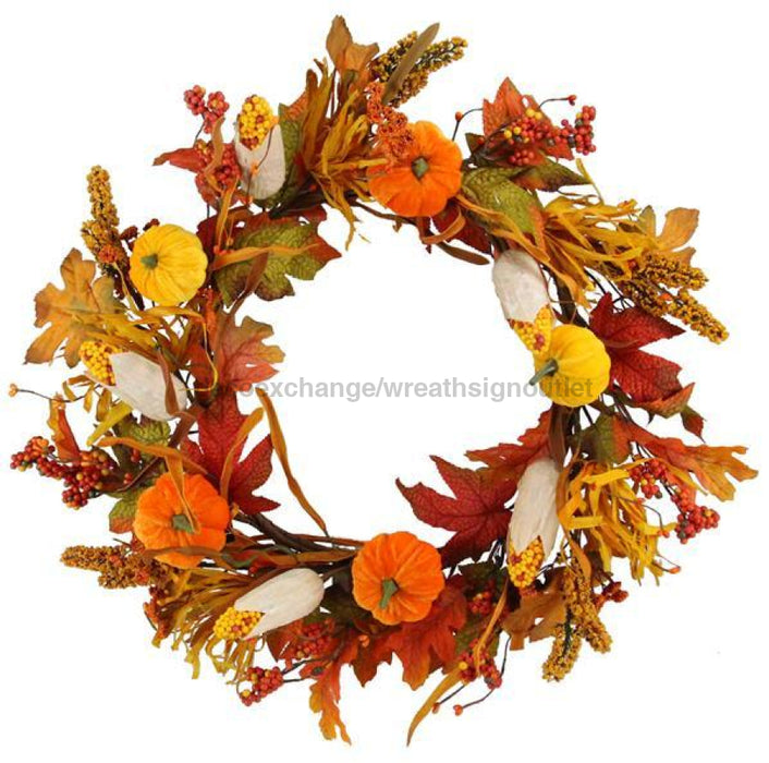 21"Dia Pumpkin/Corn/Maple Leaf Wreath Orange/Yellow/Moss HA1416 - DecoExchange