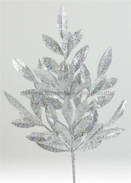23.5"L Glitter Bay Leaf Spray Silver XS215126 - DecoExchange