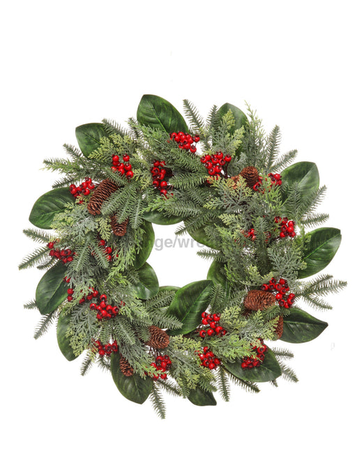 24’’Magnolia Leaf/Spruce/Cedar/Wp Berry Wreath Grrd Mtx68017-Grrd Pick