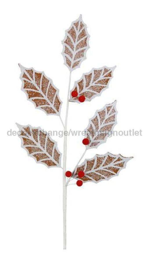 26L Gingerbread Holly Leaf Spray Brown/Red/White Xs1151 Pick
