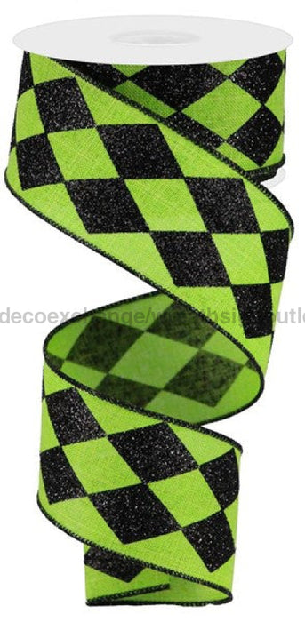 2"X10yd Glitter Harlequin Check Lime Green/Black RGA149933 - DecoExchange