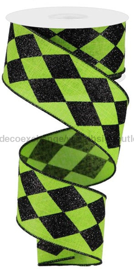 2"X10yd Glitter Harlequin Check Lime Green/Black RGA149933 - DecoExchange