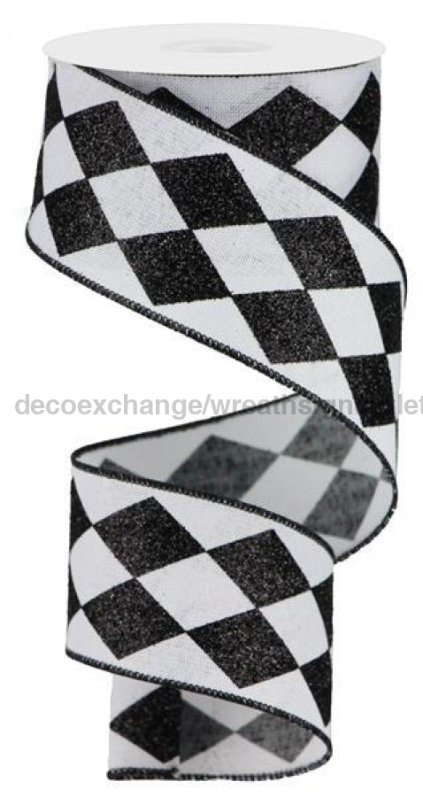 2"X10Yd Glitter Harlequin Check White/Black RGA149927 - DecoExchange